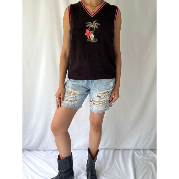 90s vintage black tropical palm tree embroidered knit sweater vest cotton top - Picture 2 of 8